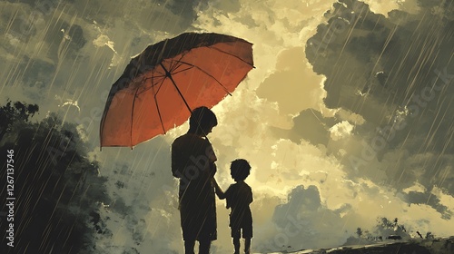 Two Silhouettes Standing Under a Red Umbrella in a Rainstorm