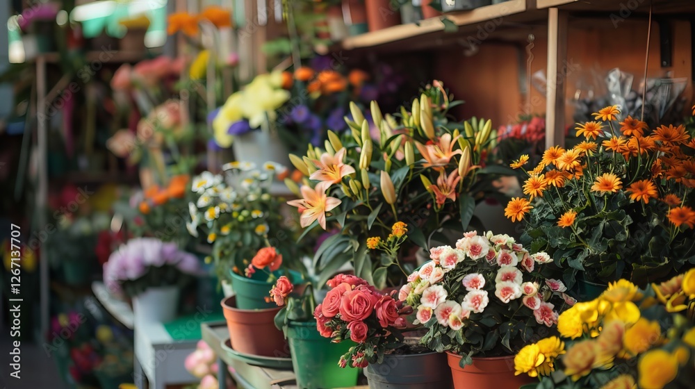 Fototapeta premium flower shop, potted flowers, showcase flowers
