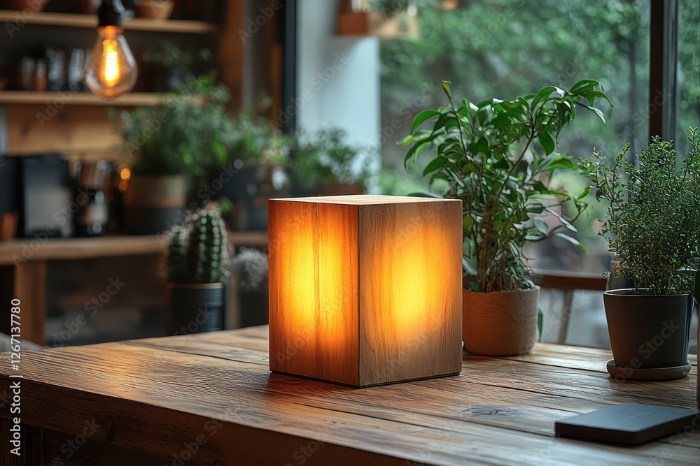Illuminated Wooden Cube Lamp on Rustic Table with Plants Illuminated Wooden Cube Lamp on Rustic Table with Plants