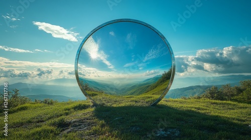 Mirror portal reflects sunny mountain vista on grassy hilltop