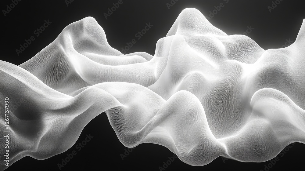 Fototapeta premium Luminous undulating white fabric suspended against a dark background