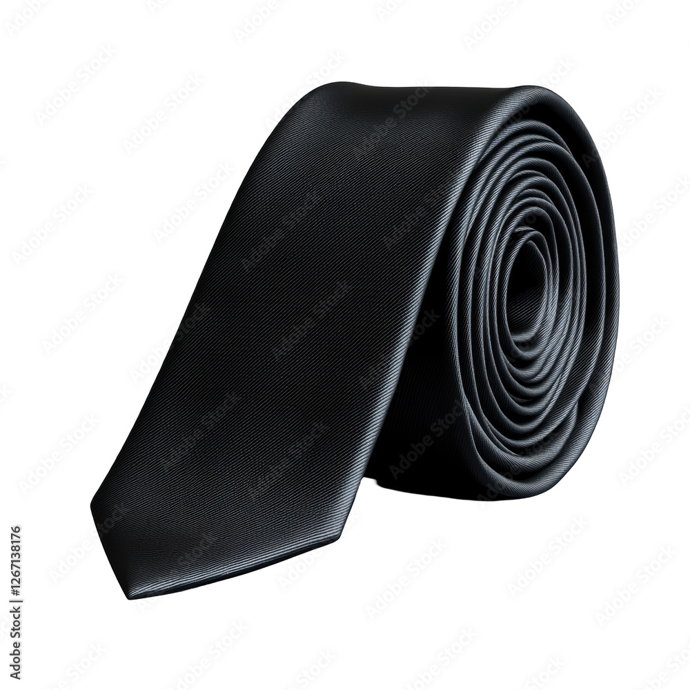 Isolated Rolled-Up Black Necktie with Subtle Diagonal Texture Isolated Rolled-Up Black Necktie with Subtle Diagonal Texture