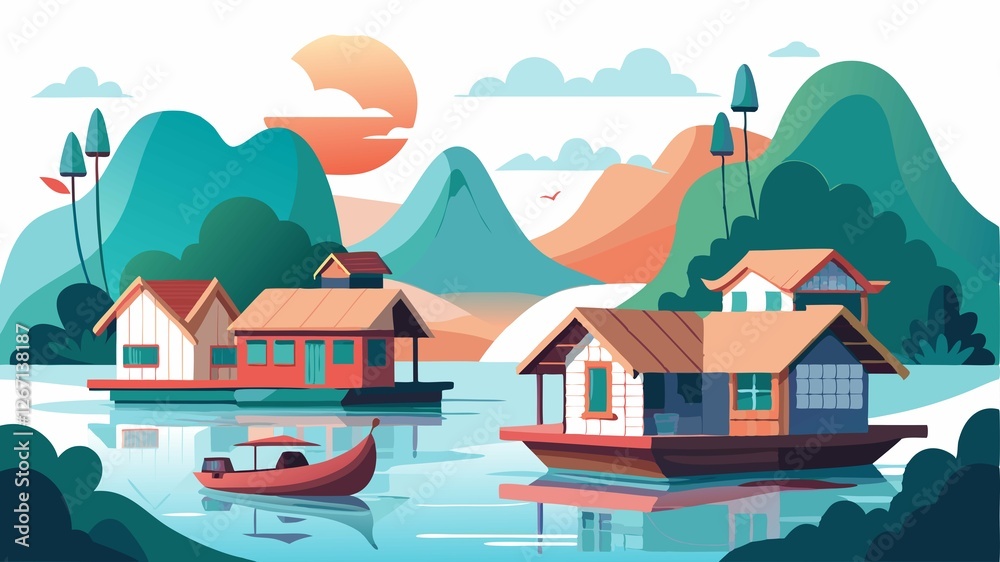 Naklejka premium This image showcases floating houses on a calm river, emphasizing their picturesque qualities and the tranquil atmosphere of river life, providing a visually appealing image for travel brochures, arc