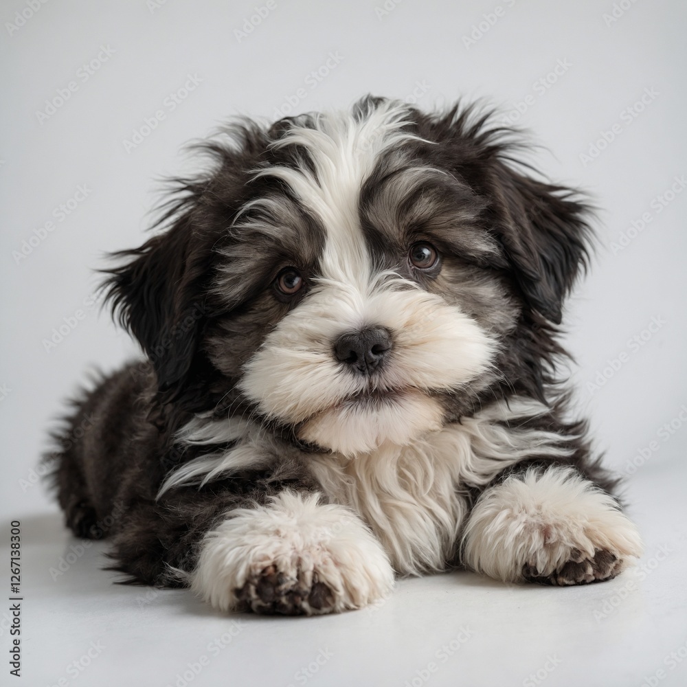 A fluffy Havanese puppy lying down with its paws stretched out, soft black-and-white fur, and a playful expression, on a pure white background. A fluffy Havanese puppy lying down with its paws stretched out, soft black-and-white fur, and a playful expression, on a pure white background.