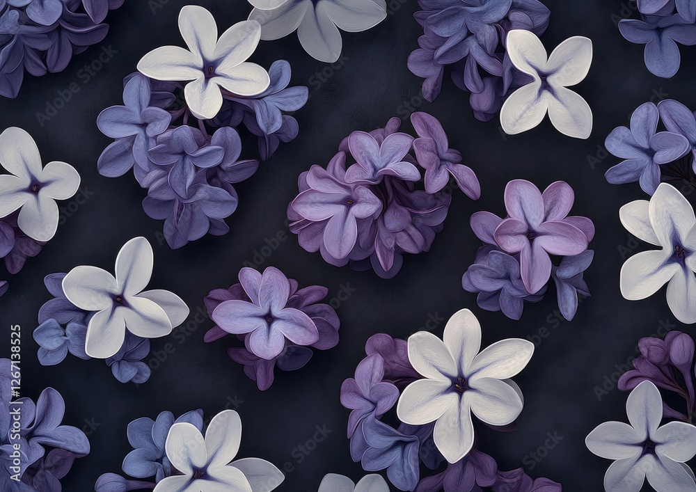 Purple lilac flowers flatlay, dark background, texture, design Purple lilac flowers flatlay, dark background, texture, design