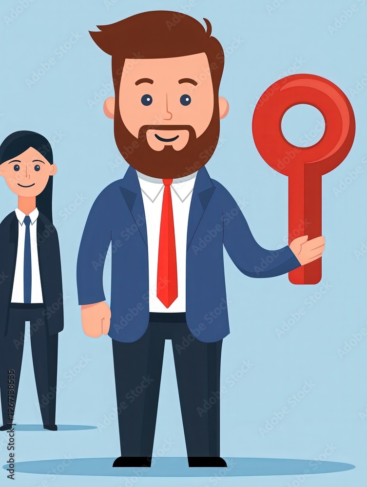 Smiling Bearded Businessman Holding Large Red Key with Colleague Smiling Bearded Businessman Holding Large Red Key with Colleague