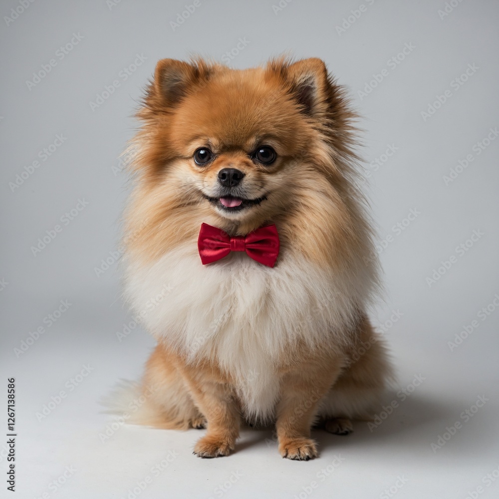 A tiny Pomeranian standing proudly with its thick fur puffed up, wearing a cute red bow tie, on a pure white background. A tiny Pomeranian standing proudly with its thick fur puffed up, wearing a cute red bow tie, on a pure white background.