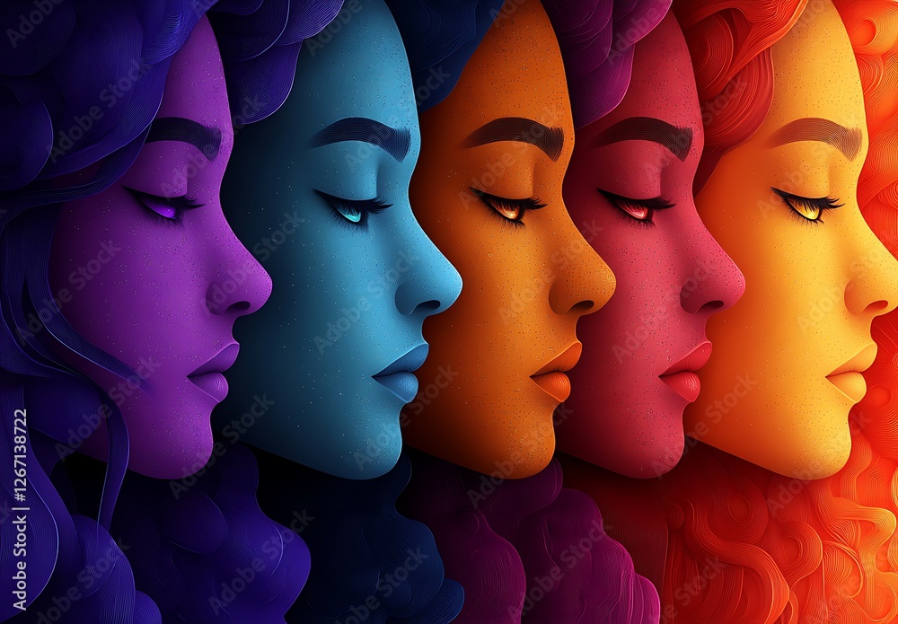 Vibrant Illustration Featuring Abstract Profiles in Blue, Orange, and Purple Surrounded by Swirling Colored Patterns Vibrant Illustration Featuring Abstract Profiles in Blue, Orange, and Purple Surrounded by Swirling Colored Patterns