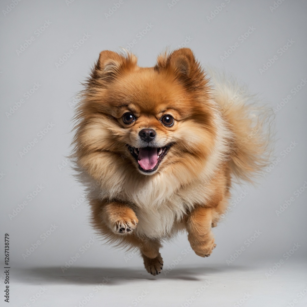 A playful Pomeranian mid-leap, with its bushy tail curled over its back and a joyful expression, on a pure white background. A playful Pomeranian mid-leap, with its bushy tail curled over its back and a joyful expression, on a pure white background.
