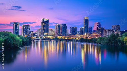 Cityscape Reflection on Water with Illuminated Skyline and Colorful Sunset Sky