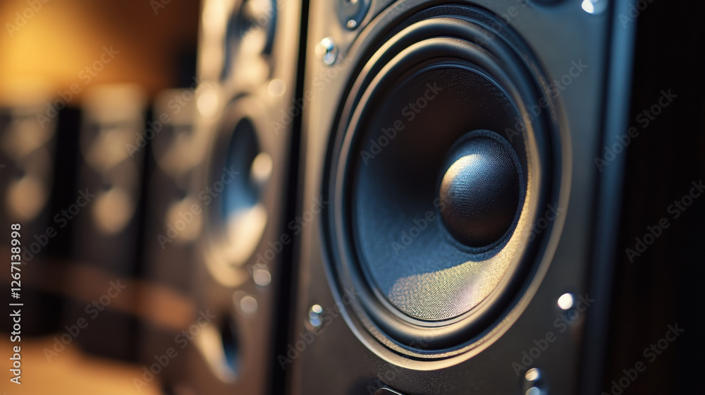 Close-up of high-quality black speaker with detailed textured surface in modern sound system setup for enhanced audio experience Close-up of high-quality black speaker with detailed textured surface in modern sound system setup for enhanced audio experience
