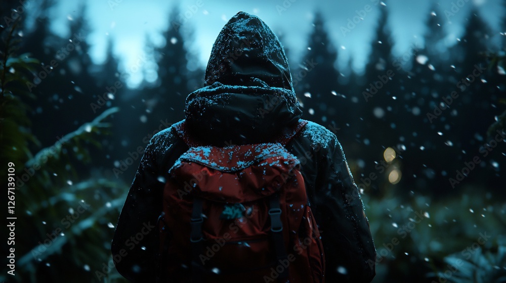 Fototapeta premium Mysterious Person In Winter Hood Standing In Snowfall Forest With Red Backpack