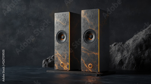 Modern stone-look floor standing speakers with illuminated accents against dark textured background for home audio enthusiasts
