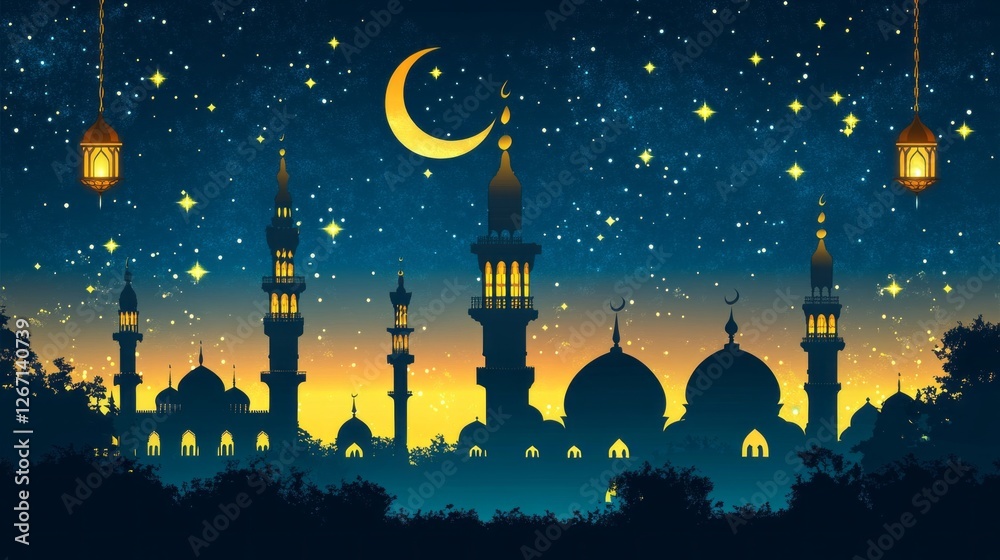 Fototapeta premium Under a starlit sky, traditional lanterns hang gracefully as the crescent moon glows softly. The silhouette of majestic minarets represents the spirit of Ramadan, celebrating unity and reflection