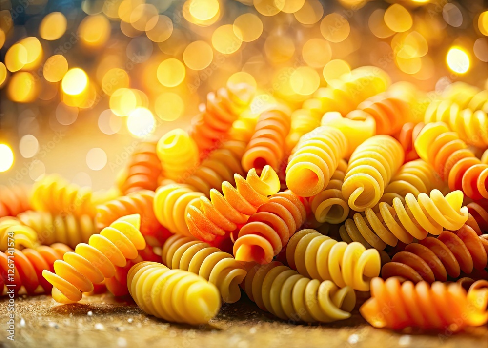 Illuminated spirelli noodles, blurred background, creating a dreamy, gastronomic delight in soft focus. Illuminated spirelli noodles, blurred background, creating a dreamy, gastronomic delight in soft focus.