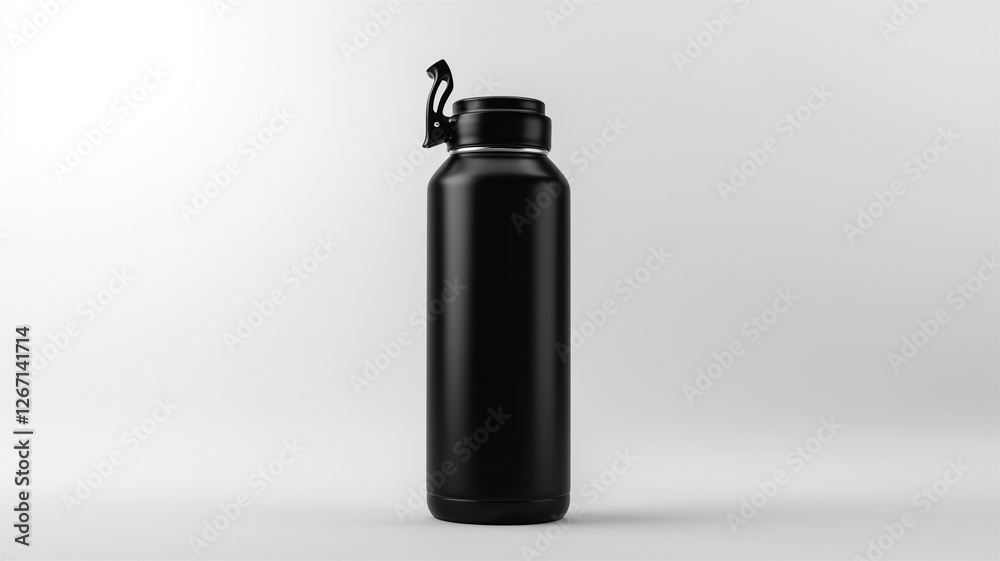 Ultra-realistic image of a black stainless steel water bottle with a flip-top lid, isolated on a white background
Ultra-realistic image of a black stainless steel water bottle with a flip-top lid, isolated on a white background