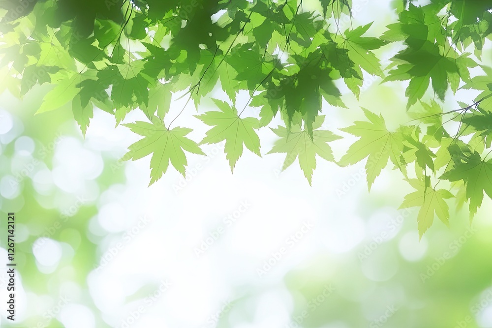 Spring maple leaves, sunlit forest bokeh background, nature design Spring maple leaves, sunlit forest bokeh background, nature design