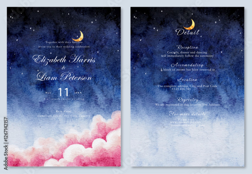 Watercolor wedding invitation with a night sky background and moon