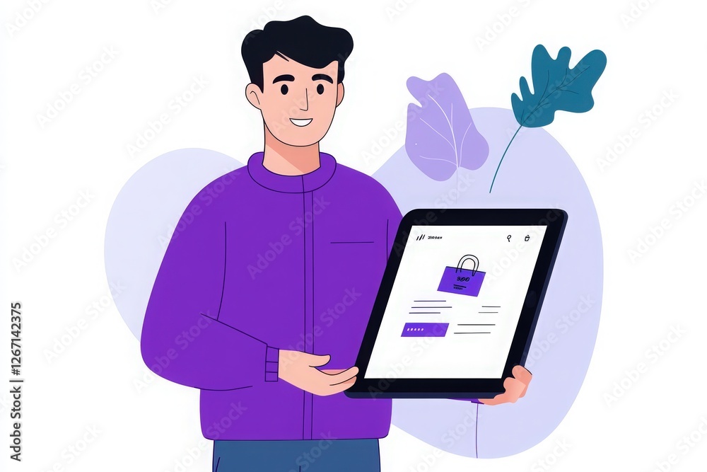 Young Man Presenting Digital Tablet with Website Interface Young Man Presenting Digital Tablet with Website Interface