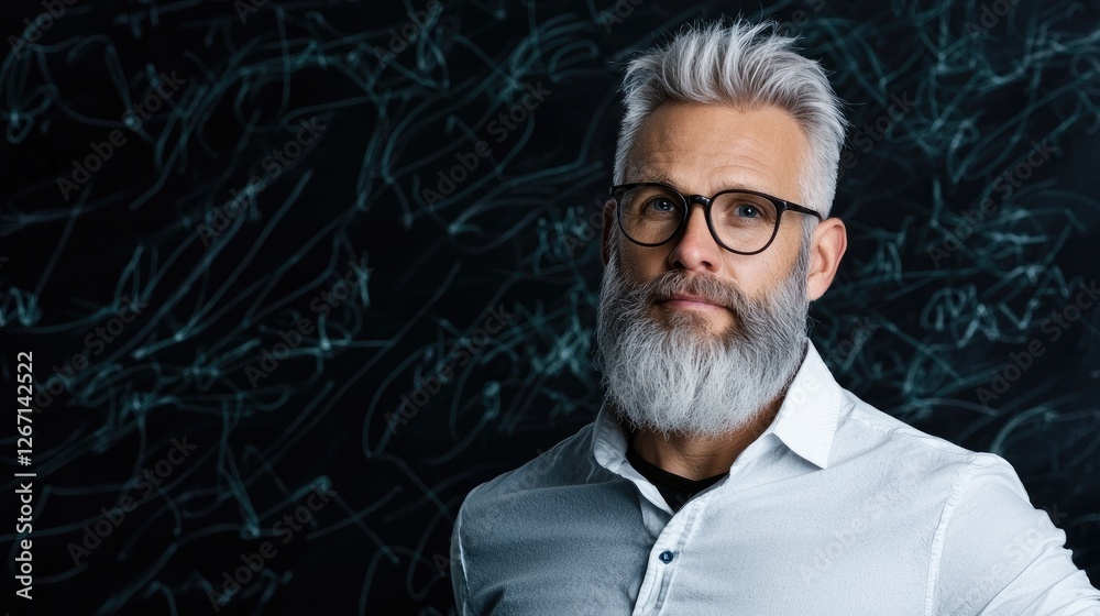 Fototapeta premium Mature man, serious expression, chalkboard background, education concept, stock photo