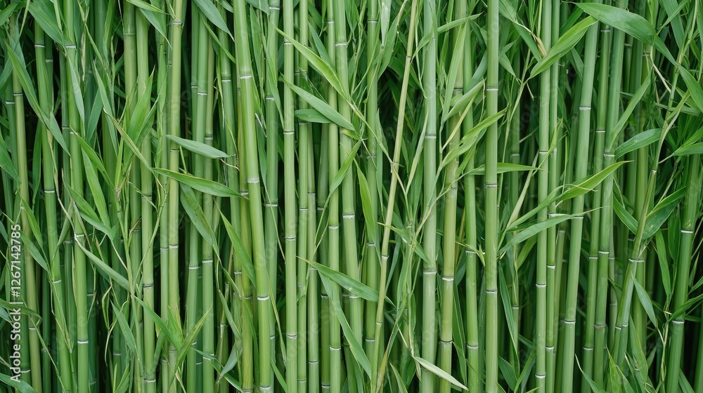 Obraz premium Dense green bamboo stalks and leaves growing in a natural forest during daytime.