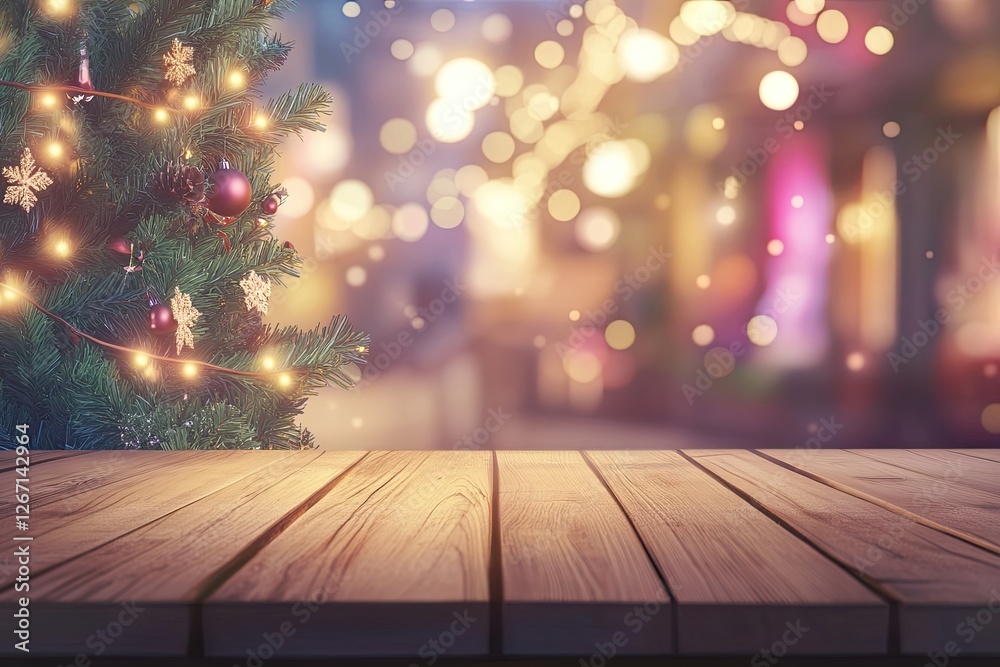 Festive Christmas tree, wooden table, city lights, bokeh background, product display Festive Christmas tree, wooden table, city lights, bokeh background, product display
