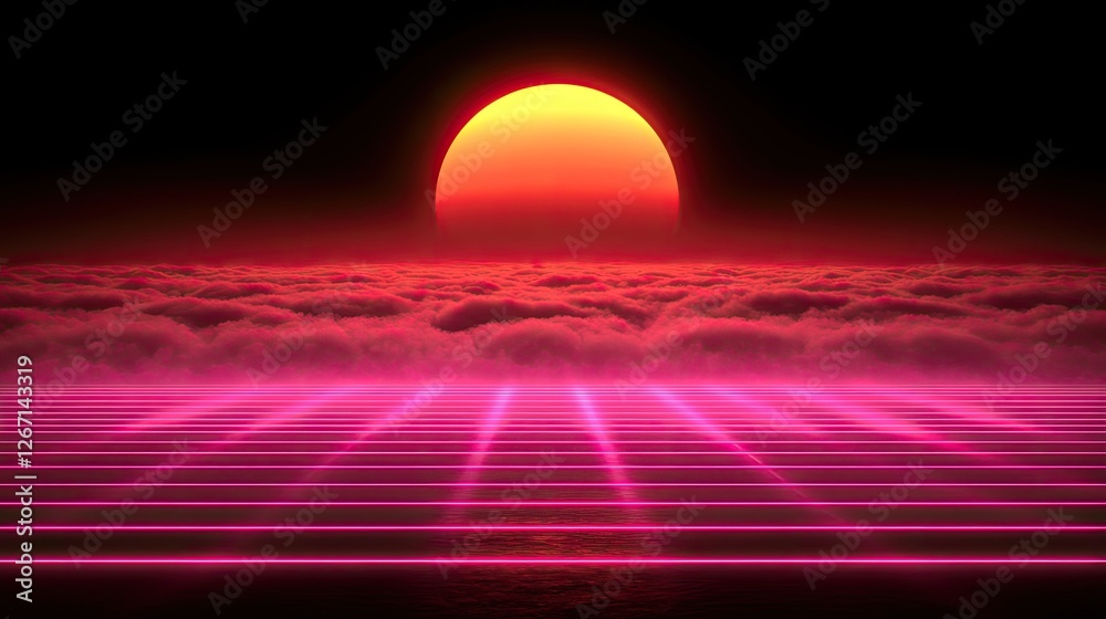 Vibrant sunset over a sea of clouds, with neon grid lines reflecting on the water's surface Vibrant sunset over a sea of clouds, with neon grid lines reflecting on the water's surface