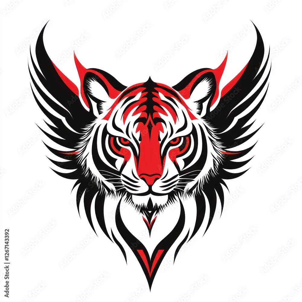 Stylized tiger head with wings, red and black on white, for tattoo designs, logos, or decorative art Stylized tiger head with wings, red and black on white, for tattoo designs, logos, or decorative art