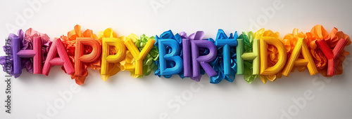 Happy Birthday, en lettres colorées écrites sur une guirlande en papier coloré, couleurs de l'arc-en-ciel, isolé sur fond blanc photo