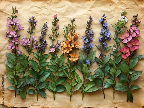 Une illustration botanique de style vintage de diverses plantes printanières, soigneusement détaillée à l'aquarelle et au feutre, réalisée sur du papier vieilli. photo