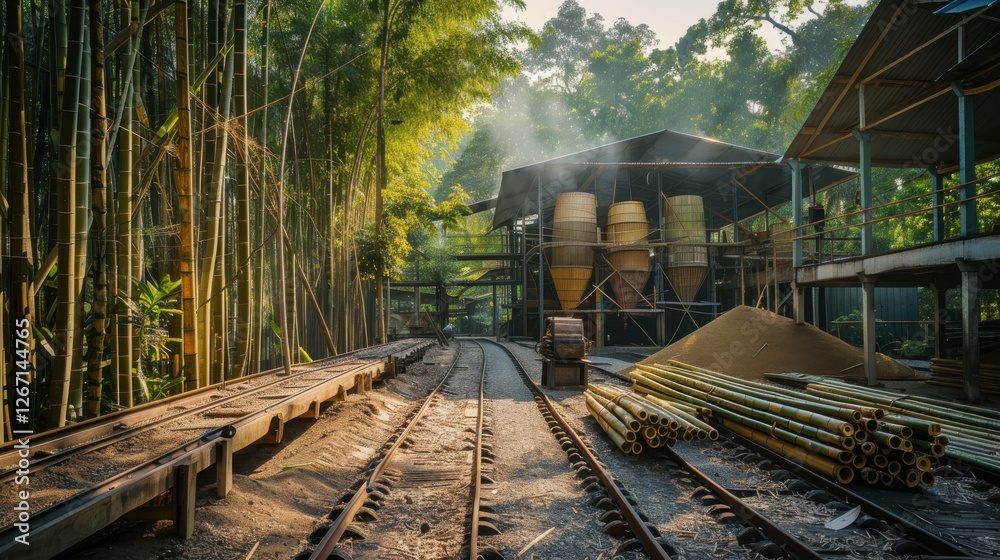 Scenic Industrial Landscape with Bamboo and Raw Materials in Upscale Environment Scenic Industrial Landscape with Bamboo and Raw Materials in Upscale Environment