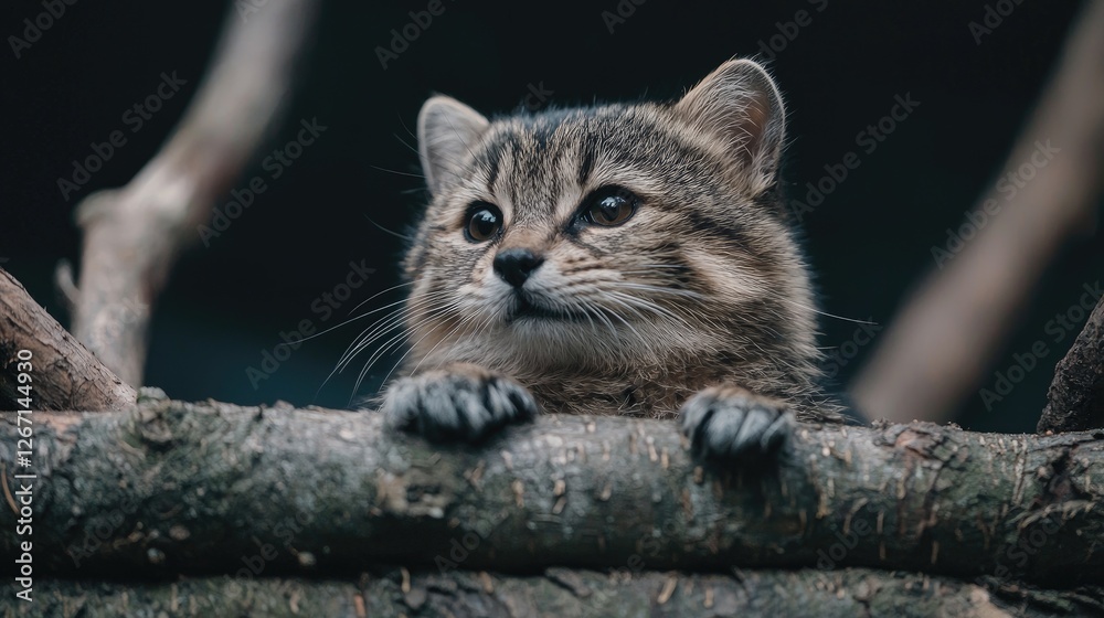 Obraz premium Curious kitten peering over branches