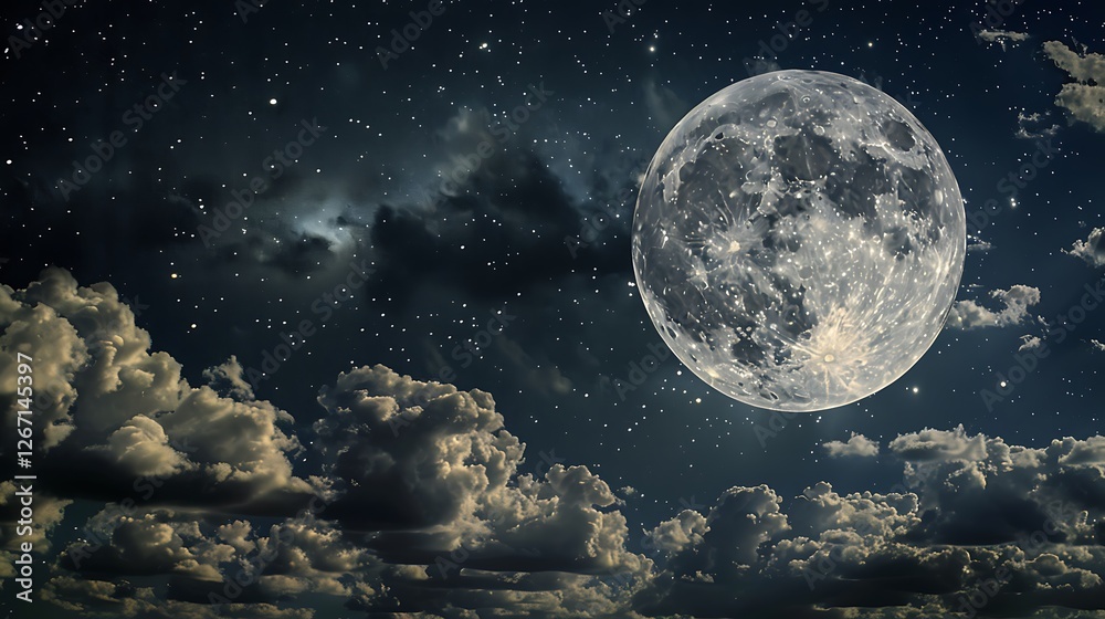 A mesmerizing full moon surrounded by clouds on a solid night canvas. A mesmerizing full moon surrounded by clouds on a solid night canvas.