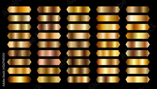 Set of gold metal gradients, gold, bronze, white gold. Palette of coin. Metallic collection foil. Luxury effect. Texture for ribbon. Gradation. Premium brilliant badge. Shiny holographic  icon. 