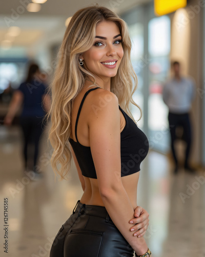 European woman with blonde hair in black crop top and leather pants posing confidently in a modern indoor setting
