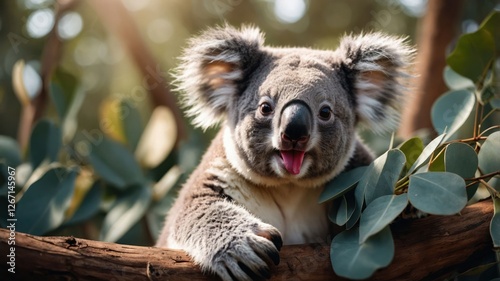 A playful koala perched on a branch among eucalyptus leaves, showcasing its cute expression.