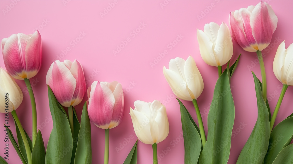 Fototapeta premium ピンクの背景に並ぶ春のチューリップ