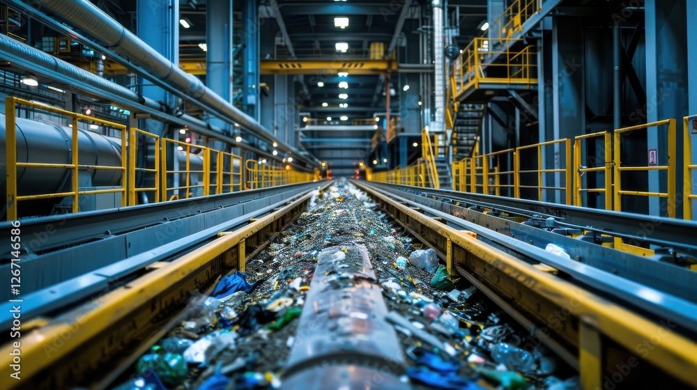 Industrial Perspective of a Waste Management Facility Highlighting Trash Accumulation and Infrastructure Structure Industrial Perspective of a Waste Management Facility Highlighting Trash Accumulation and Infrastructure Structure