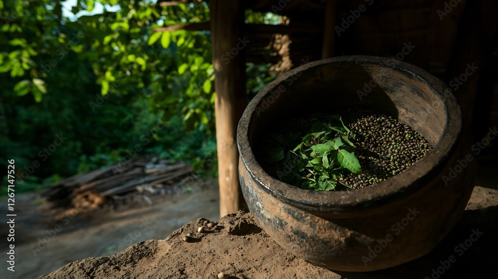 Overhead Shot of Herbs and Seeds Spilling Out from a Rustic Pot Overhead Shot of Herbs and Seeds Spilling Out from a Rustic Pot