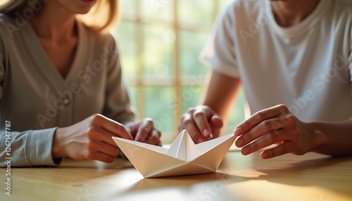 Focused hands folding paper boat with collaborative mood on wooden table