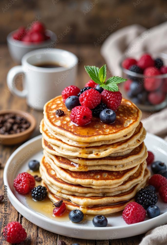 Stack of whole wheat pancakes topped with berries on farmhouse table, healthy breakfast Stack of whole wheat pancakes topped with berries on farmhouse table, healthy breakfast