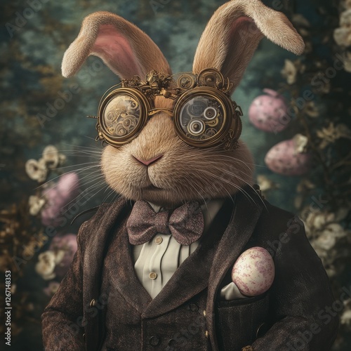 Steampunk Rabbit in Burgundy Suit with Goggles and Easter Eggs