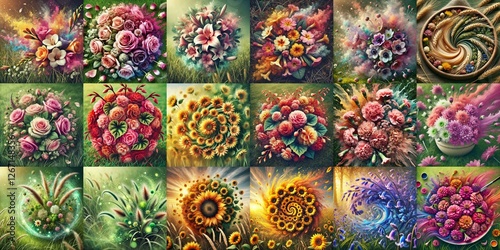 Set of different flowers on grass background. AI generated illustration