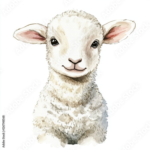 Adorable Little Lamb Watercolor Painting Isolated on White Background Perfect for Childrens Books Greeting Cards and Springtime Designs photo