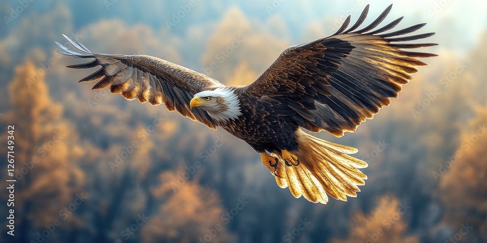 Fototapeta premium Majestic Bald Eagle in Flight Over Autumnal Forest