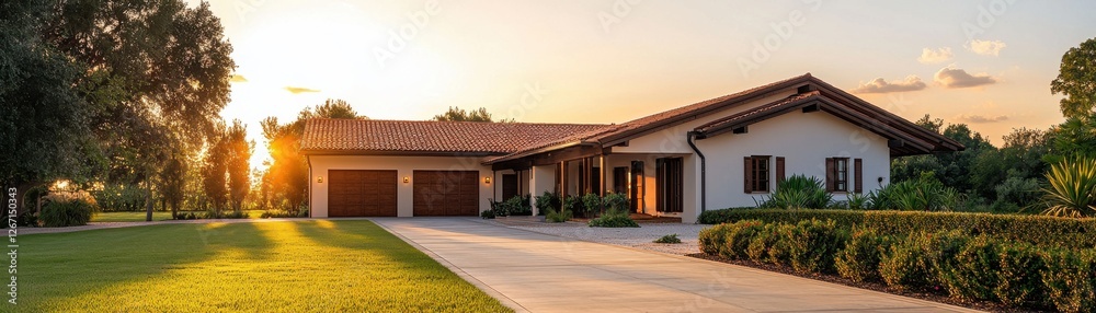 Beautiful Modern Home at Sunset with Lush Green Lawn and Peaceful Outdoor Setting in Residential Neighborhood Beautiful Modern Home at Sunset with Lush Green Lawn and Peaceful Outdoor Setting in Residential Neighborhood