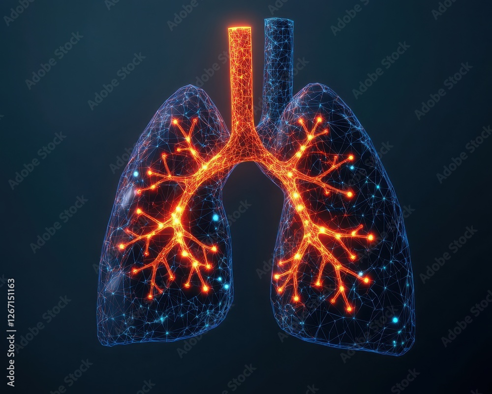 A digital illustration of glowing lungs showcasing intricate bronchial structures and respiratory pathways. A digital illustration of glowing lungs showcasing intricate bronchial structures and respiratory pathways.