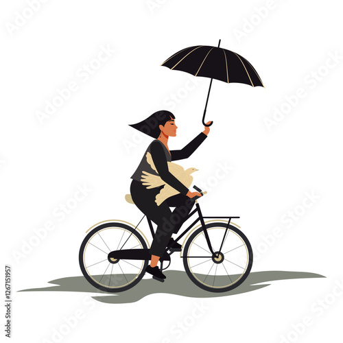 A young stylish woman rides a bicycle, holding an umbrella against adversity in one hand, and a bird of peace near her heart. Vector.