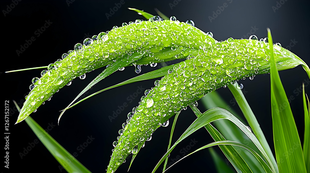 Fototapeta premium Dew-covered grass blades, dark background, nature close-up, botanical stock photo