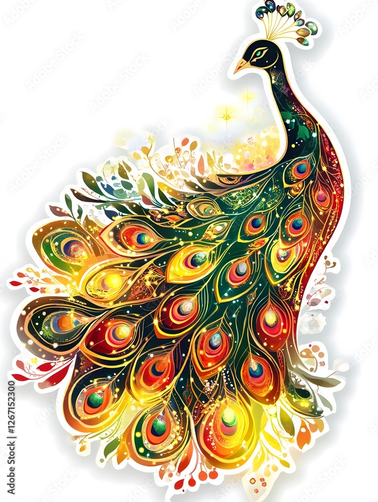 Fototapeta premium a_magical_peacock_with_glowing_feathers_on_white_background